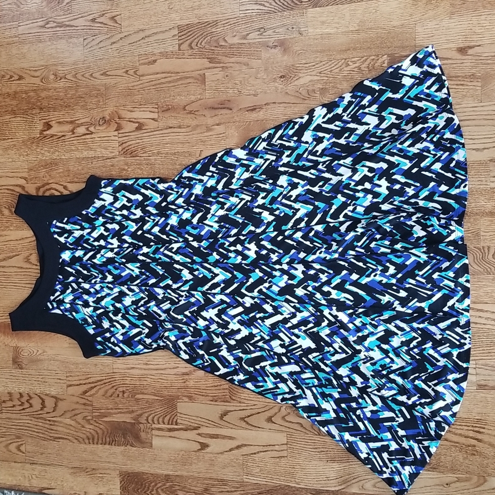 (M) Perceptions NY Fit and Flare Ribbed Colorful Abstract Art Deco Midi Party